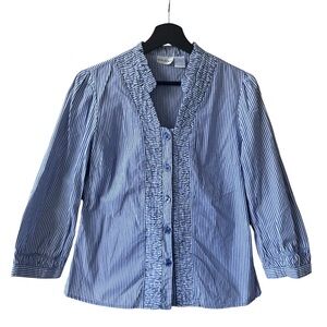 Harvé Benard Blue and White Striped Ruffle-Trim Blouse